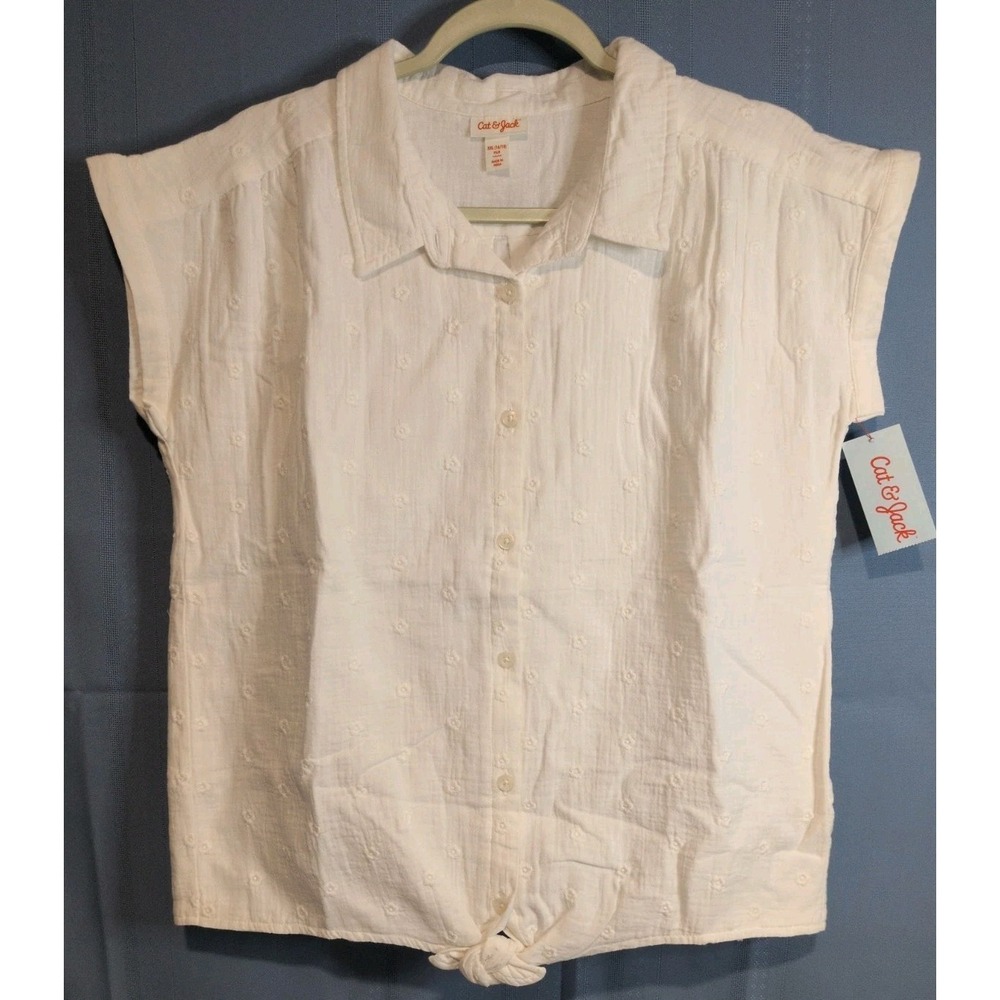 Cat & Jack Girls' White Eyelet Tie-Front Shirt Size XXL/16-18 100% Cotton NWT